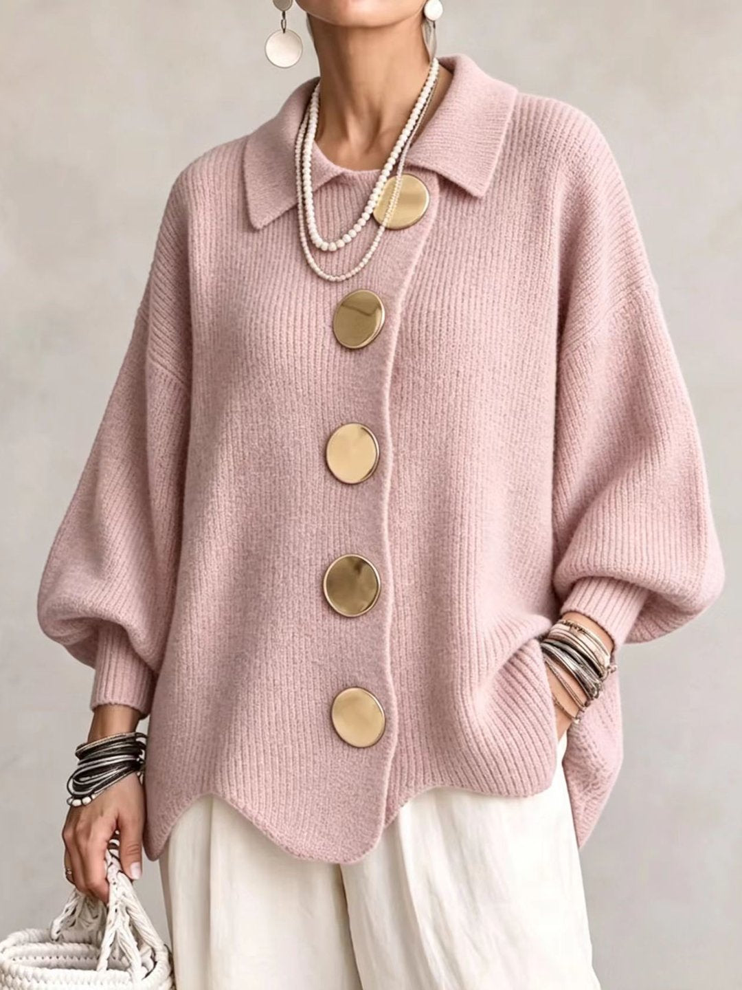 Stefanie | Cardigan Oversize à Col et Gros Boutons Métalliques