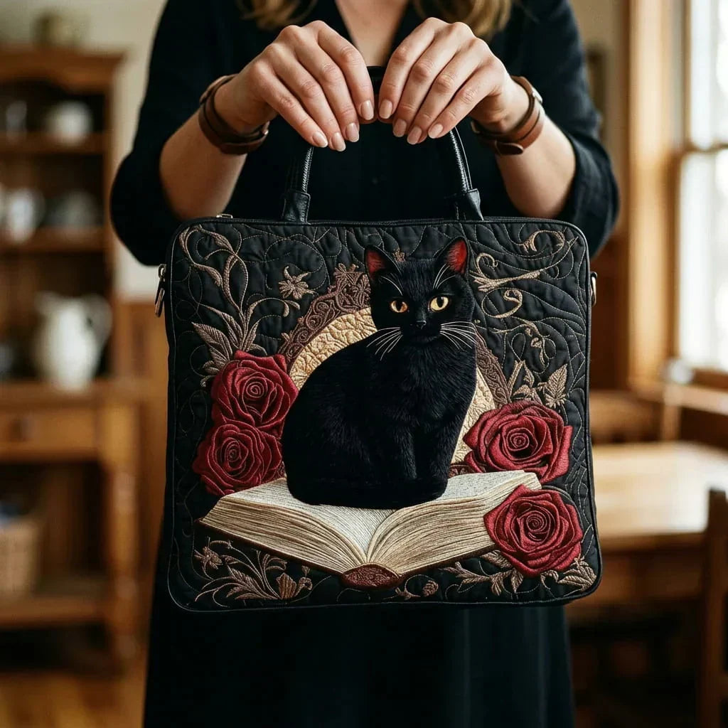 Sac Artisanal Matelassé | Chat Noir sur des Livres