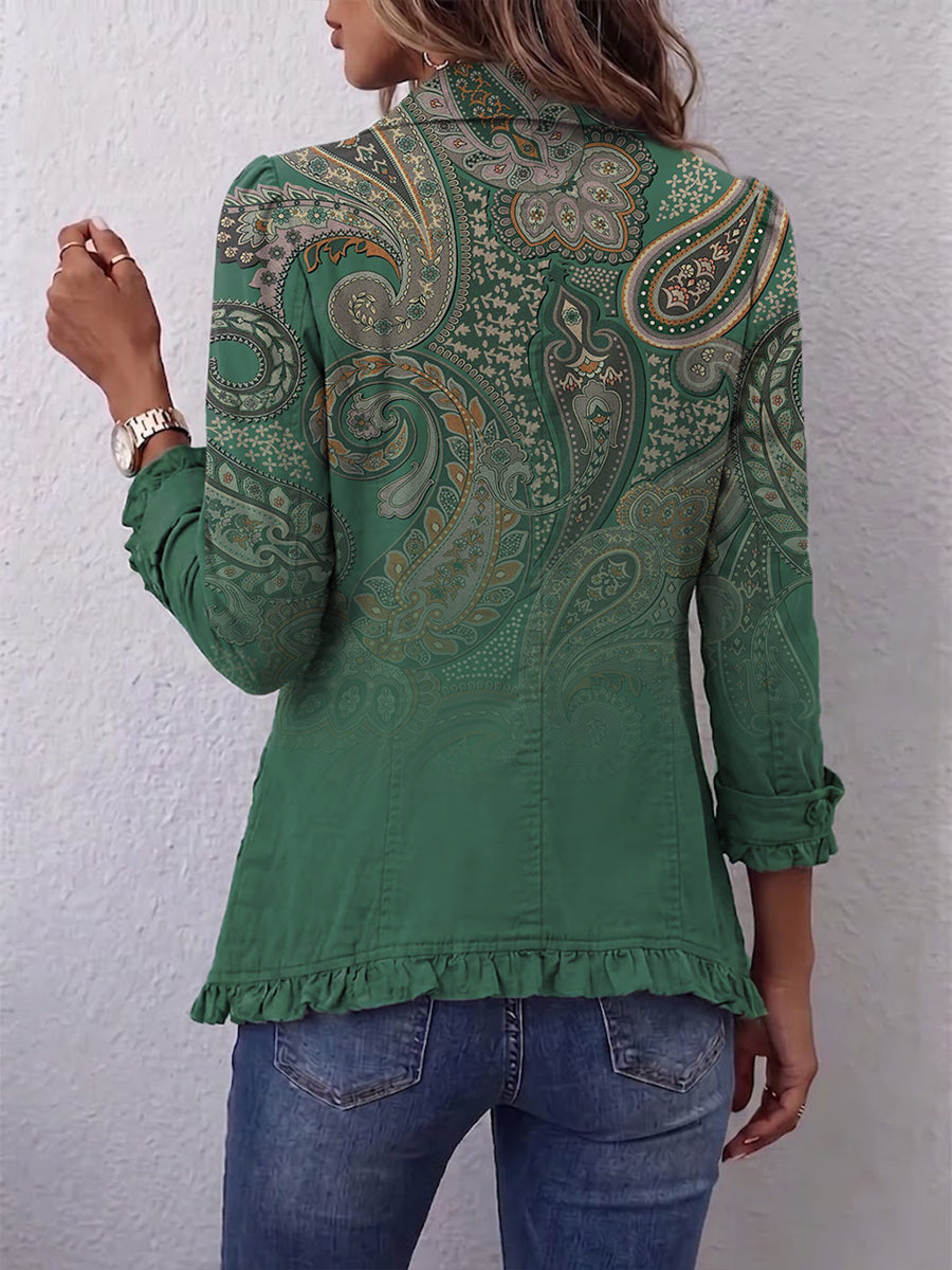 Jacinthe | Veste Cachemire Verte à Volants