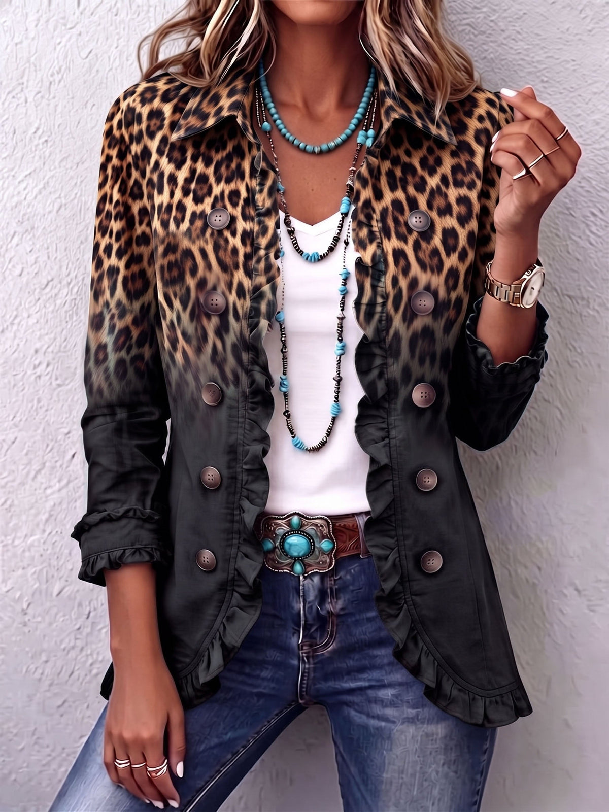 Sabina | Blazer Léopard Noir à Volants