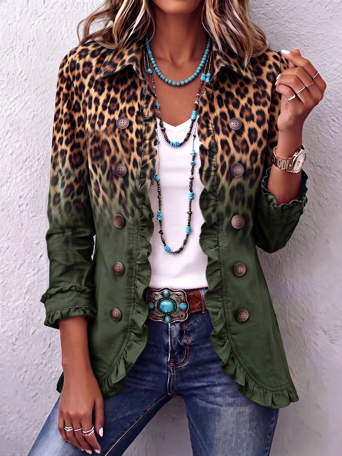 Ramona | Blazer Léopard Vert à Volants