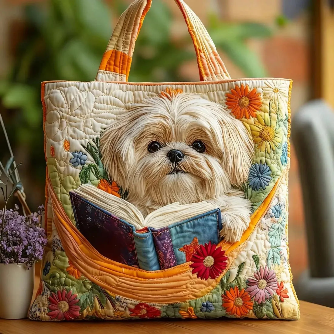 Sac Artisanal Matelassé | Shih Tzu, Livres et Fleurs