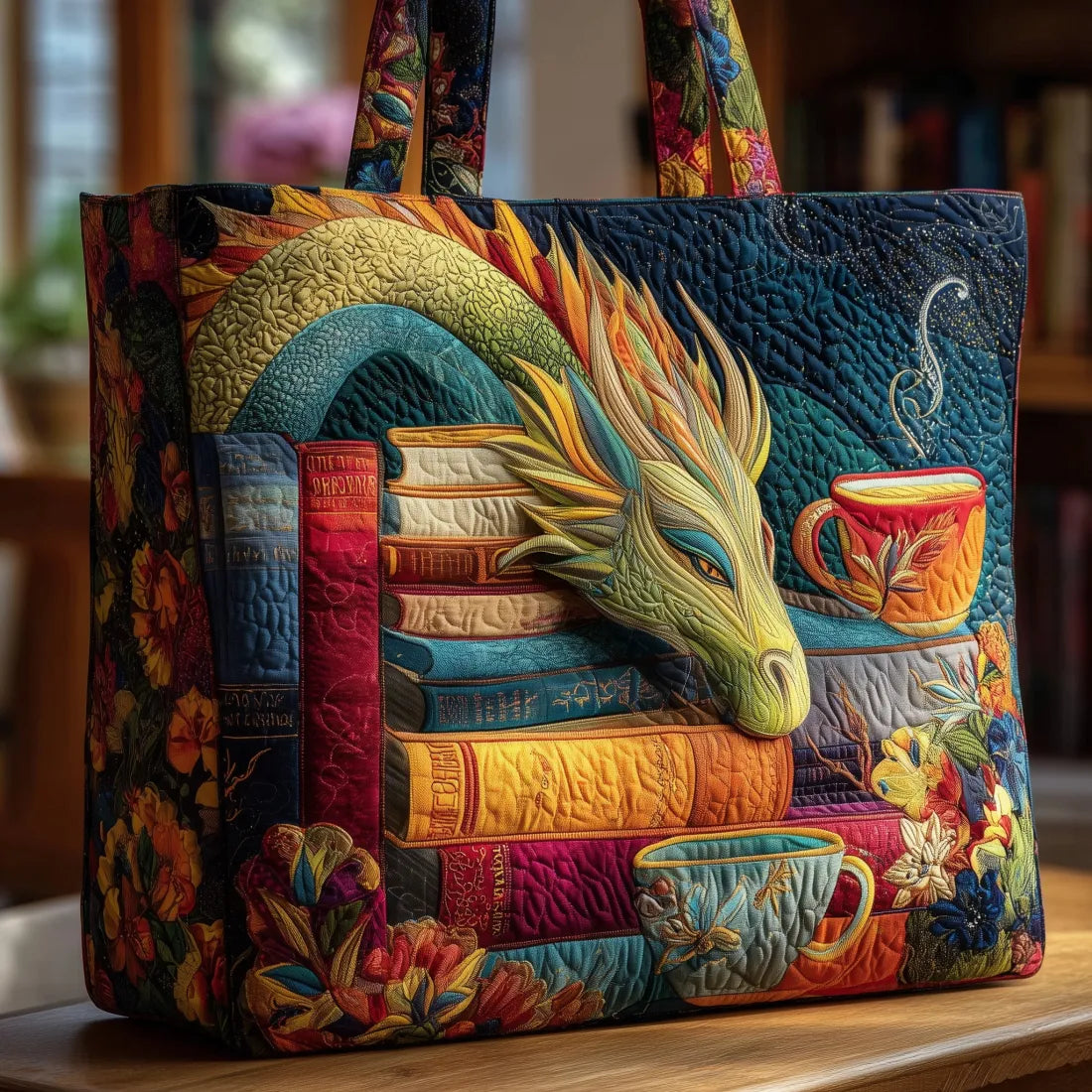 Sac Artisanal Matelassé | Dragon Lecteur, Livres et Tasses