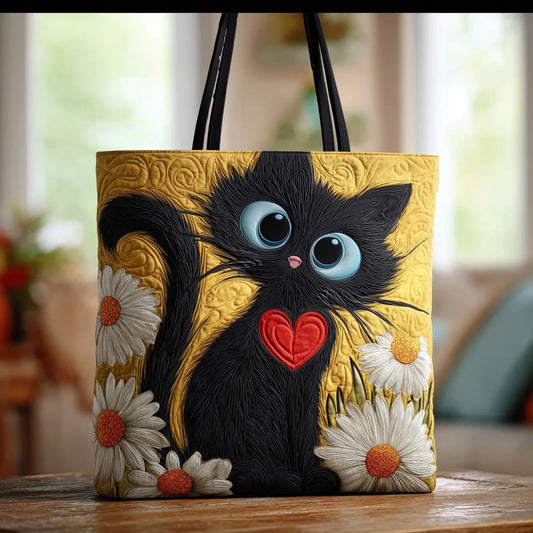 Sac Artisanal Matelassé | Chat Noir et Marguerites