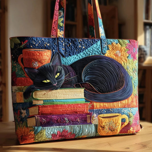 Sac Artisanal Matelassé | Chat Noir, Livres et Tasses