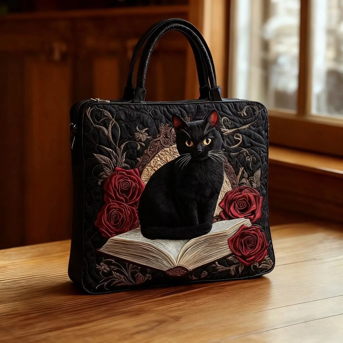 Sac Artisanal Matelassé | Chat Noir sur des Livres