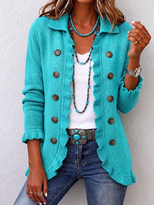 Maribel | Veste en Maille Turquoise à Volants