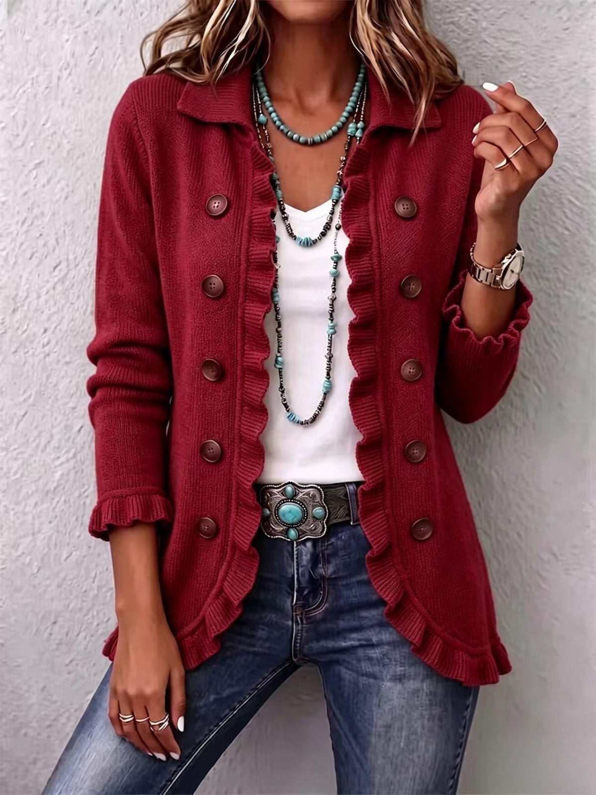 Rosalie | Veste en Maille Rouge Rubis à Volants