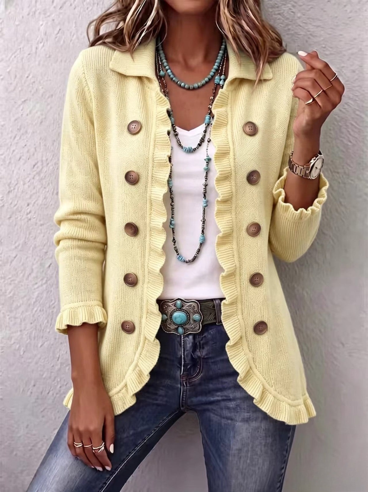 Liliane | Veste en Maille Crème à Volants